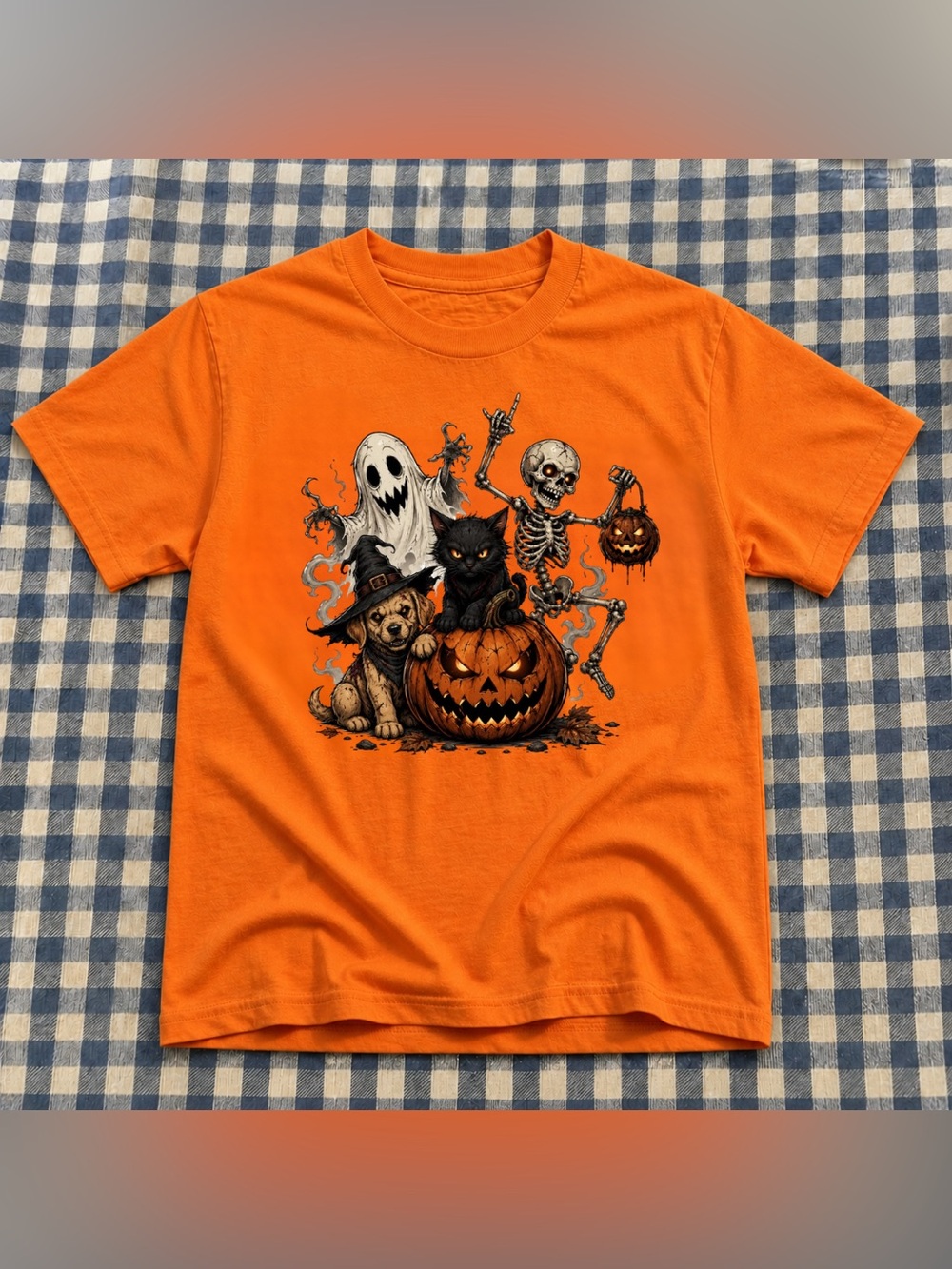Halloween Fun Pumpkin & Pets Graphic Tee - Orange Vintage Retro Style